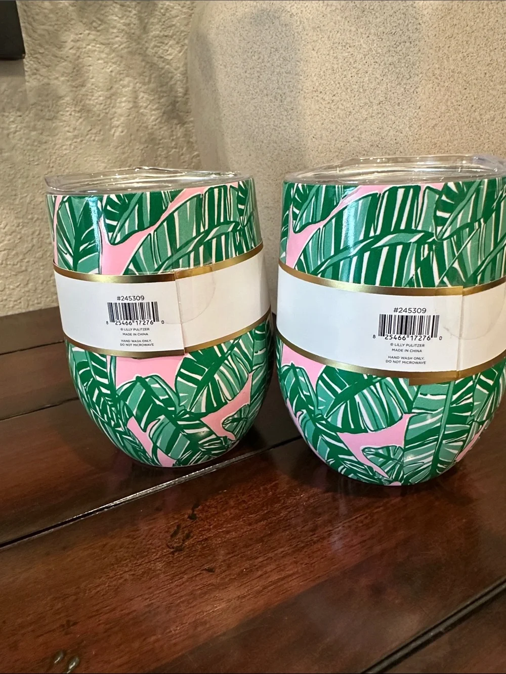 Lilly Pulitzer Pink & Green Tropical Leaf Insulated Stemless Tumblers (Set of 2)
